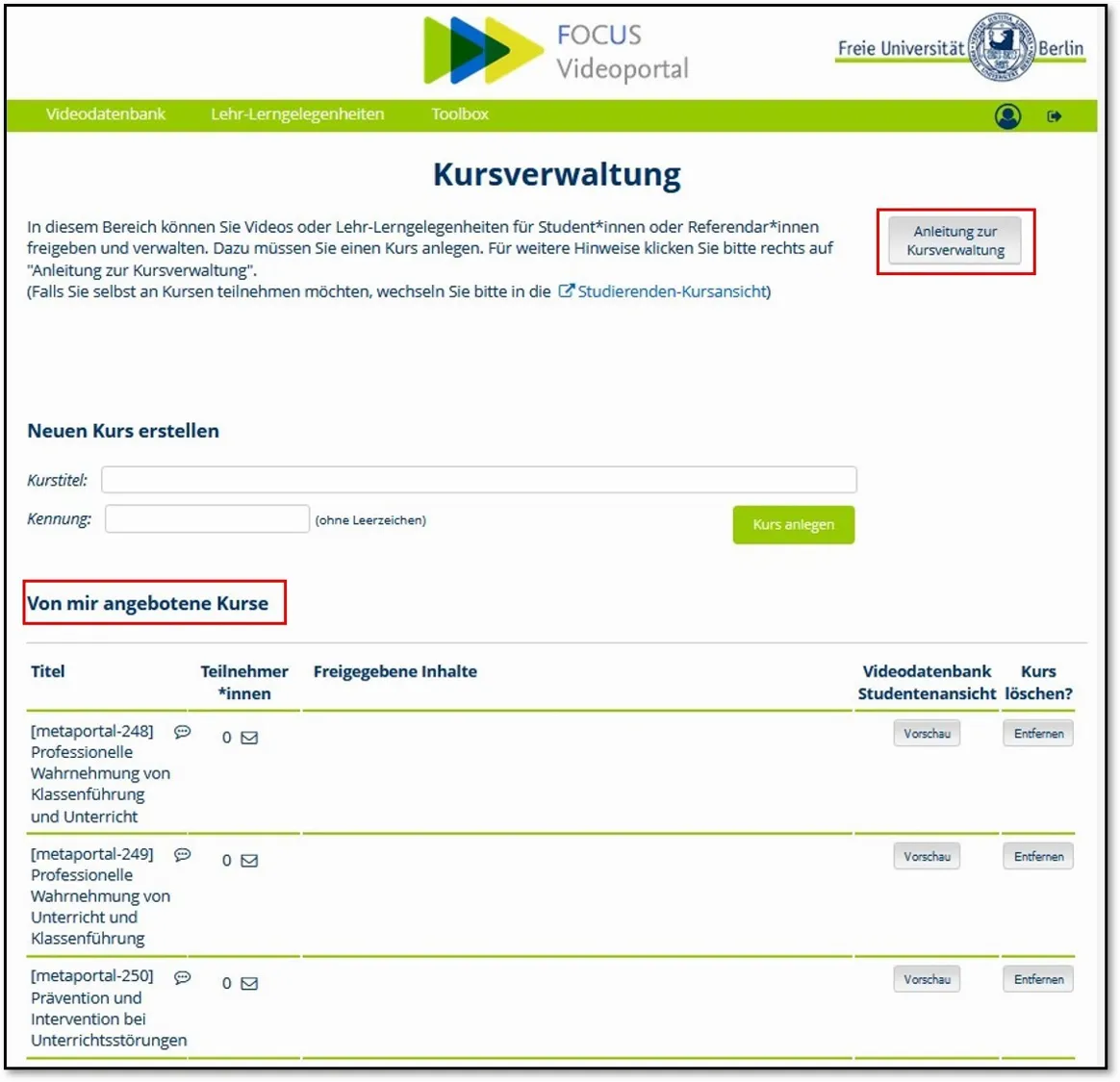 FOCUS - Kursverwaltung Das Bild zeigt Instruktionen zur Verwaltung von Kursen im Portal FOCUS